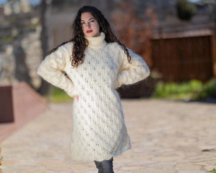 Cream Mohair Sweater, Hand Knitted Fuzzy Lace Knit Pullover T1426