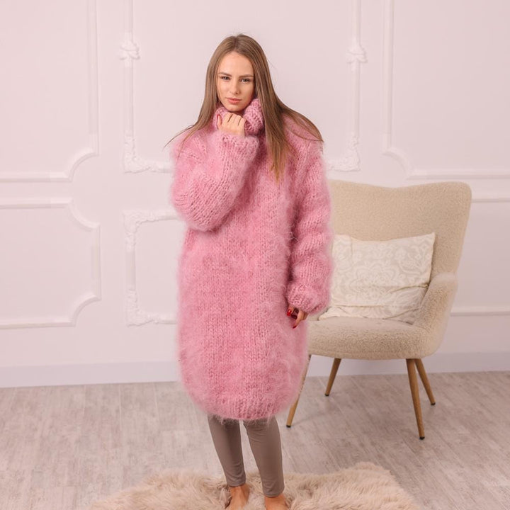 Pink Mohair Sweater Dress, Hand Knitted 6 Strands Fluffy Fuzzy Long Dress T2010