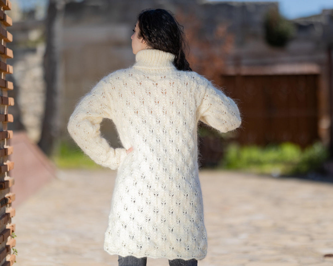 Cream Mohair Sweater, Hand Knitted Fuzzy Lace Knit Pullover T1426