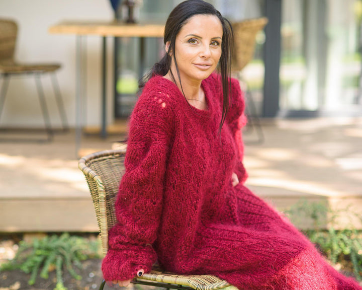 Lace Mohair Dress, Hand Knitted Bordeau Red Lace Sweater Maxi Robe T845