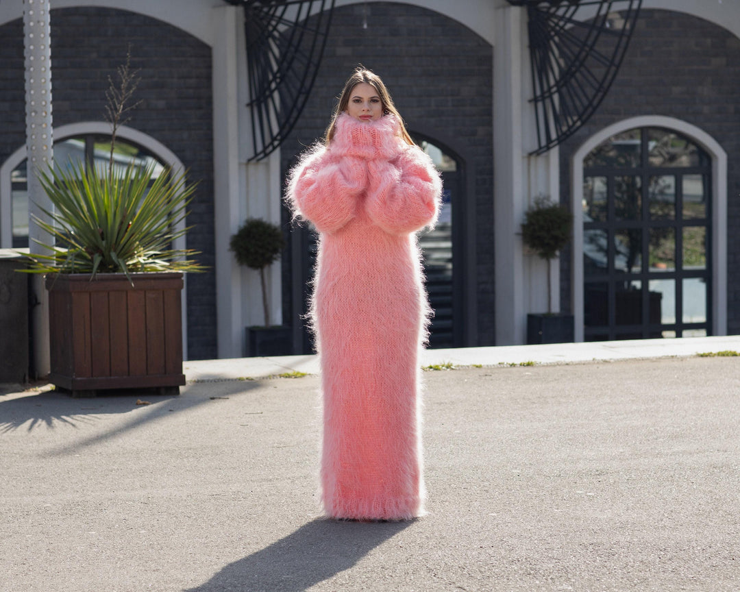 Pink Mohair Maxi Dress, Hand Knit Turtleneck Sweater Dress