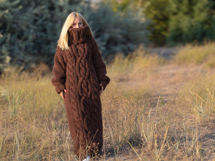 5 Strands Brown Wool Sweater Dress, Hand Knitted Chunky Turtleneck Maxi Dress T1238