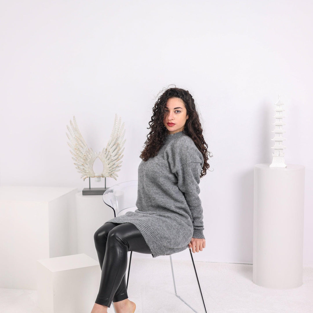 Gray Alpaca Sweater Dress, Hand Knitted Midi Dress T1637