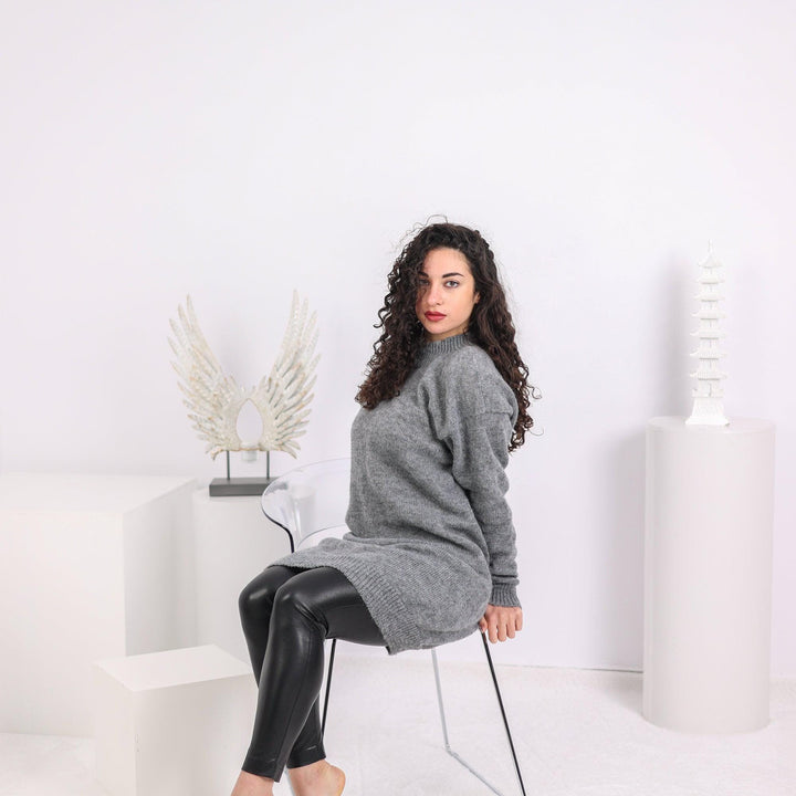Gray Alpaca Sweater Dress, Hand Knitted Midi Dress T1637