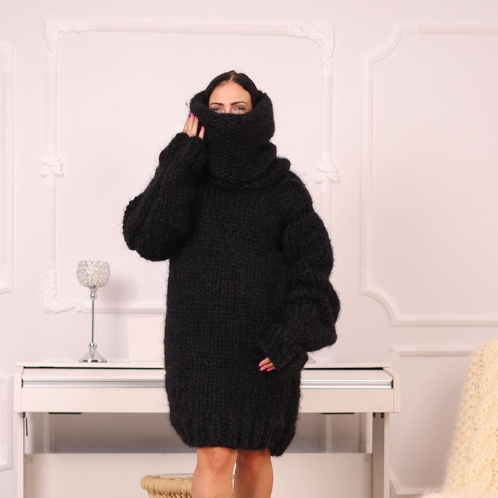 12 Strands Mohair Sweater Dress, Hand Knitted Extra Chunky 100 cm Turtleneck T1979