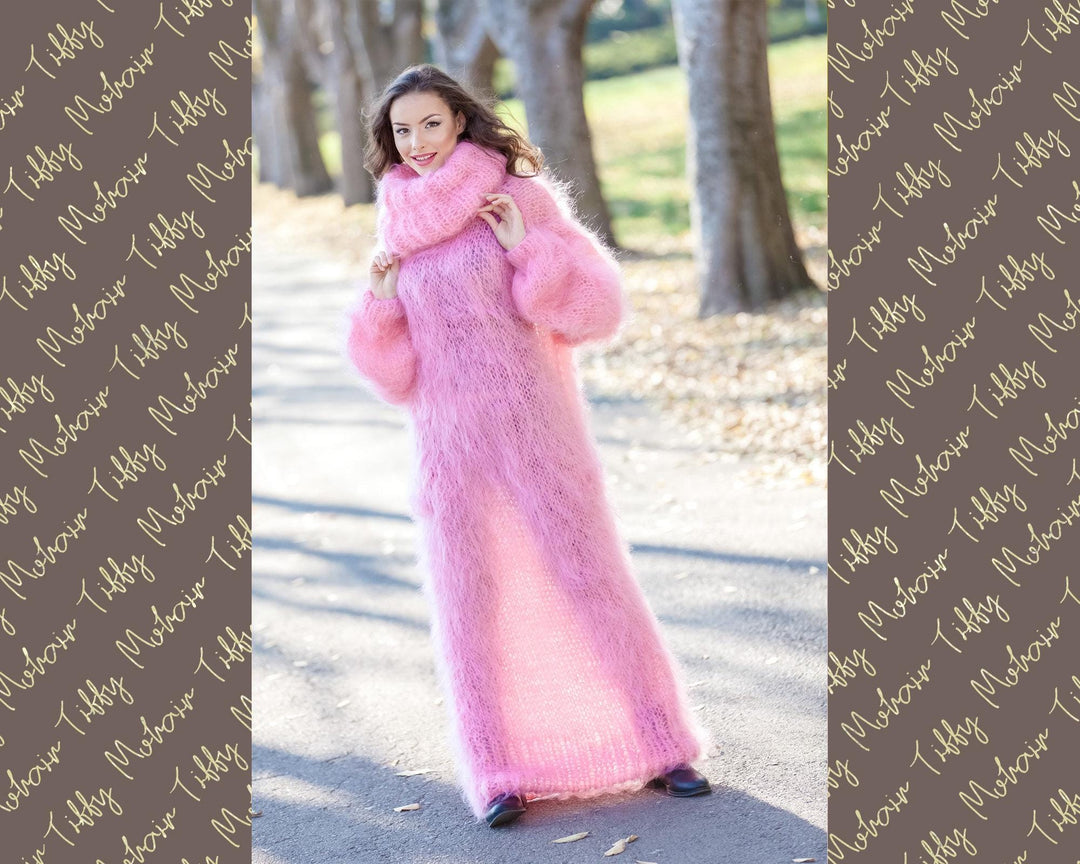 Mohair Sweater Dress, Hand Knitted Loose Turtleneck Maxi Dress with Open Knit Details T392