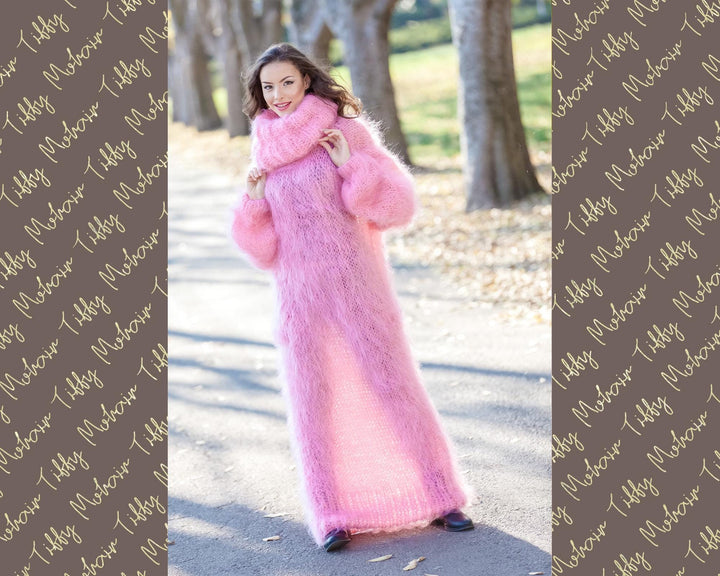 Mohair Sweater Dress, Hand Knitted Loose Turtleneck Maxi Dress with Open Knit Details T392