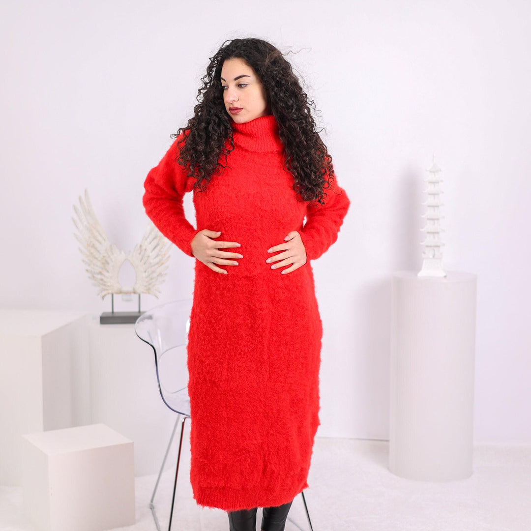 Hand Knit Red Alpaca Sweater Dress, Fluffy Wool Blend T1638