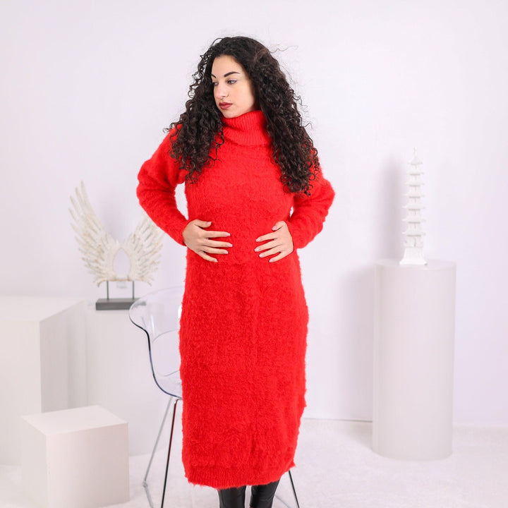 Hand Knit Red Alpaca Sweater Dress, Fluffy Wool Blend T1638