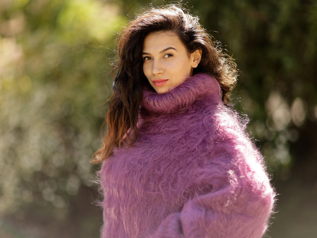 Hand Knit Mohair Turtleneck Maxi Dress, Fluffy Pink Sweater Dress T1057