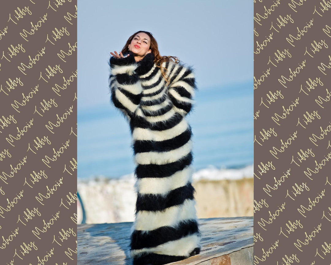 Striped Mohair Sweater Dress, Hand Knitted Fluffy Turtleneck Maxi Dress T185