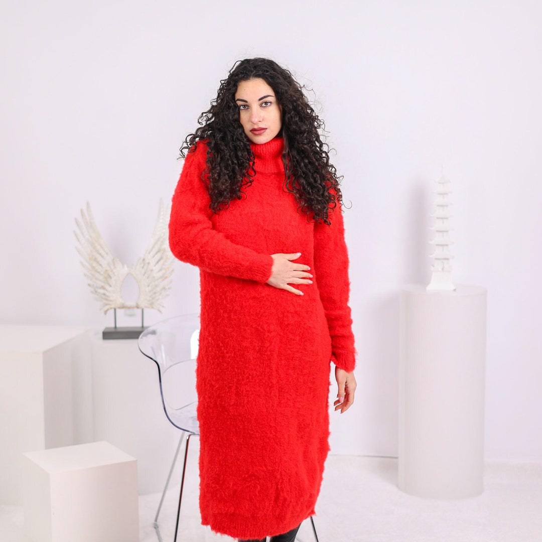Hand Knit Red Alpaca Sweater Dress, Fluffy Wool Blend T1638