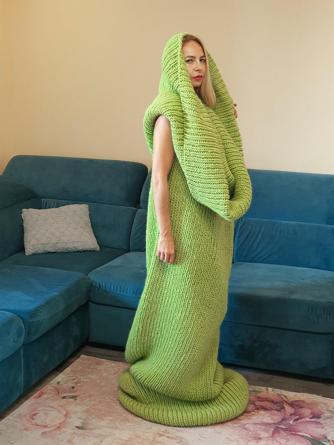 Long Tube Blanket Dress, Hand Knitted 100% Soft Wool Maxi Dress T1095