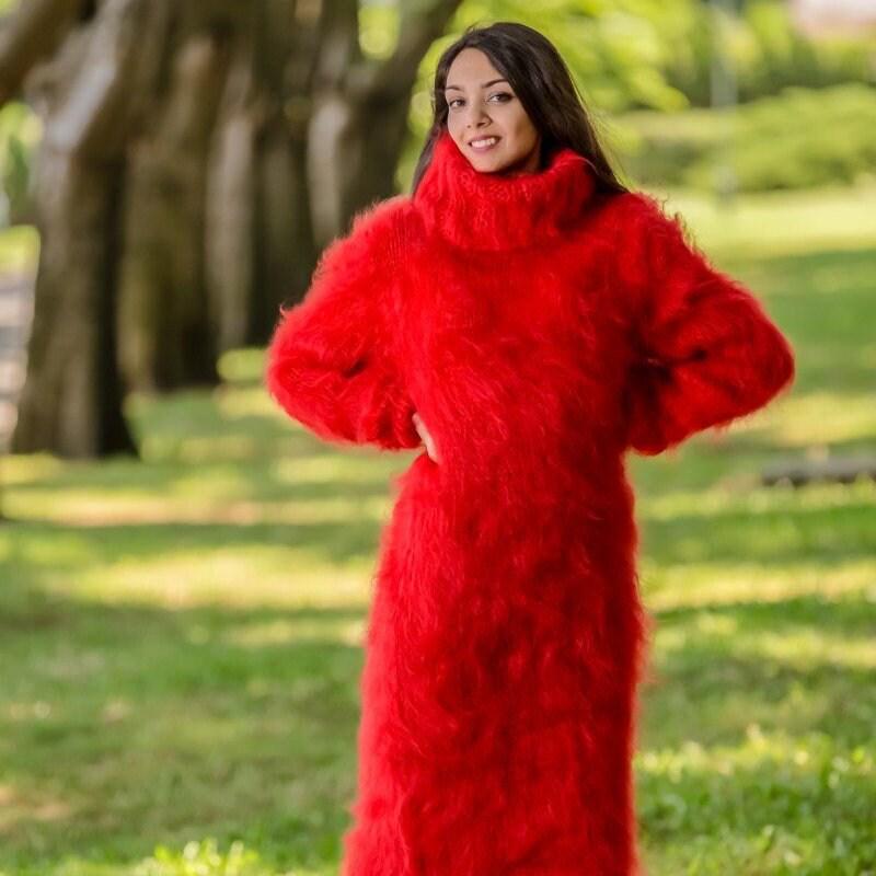 Hand Knitted Mohair Sweater Dress, Fluffy Ribbed Turtleneck Pullover with Mittens T333
