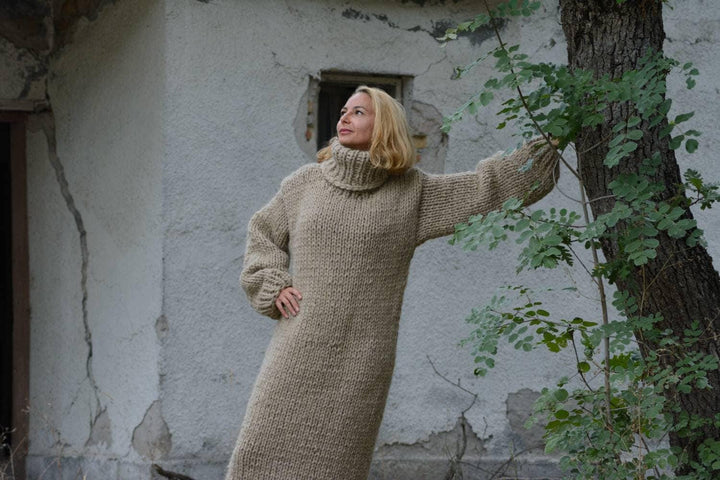 Eco Wool Sweater Dress, Hand Knitted Beige Chunky Turtleneck Maxi Dress