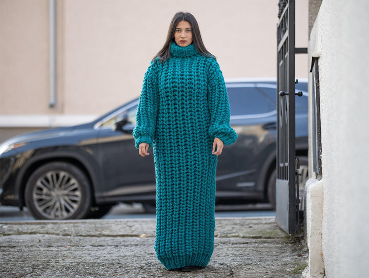 Extra Chunky Wool Sweater Dress, Hand Knitted English Rib Turtleneck Maxi Dress T1168