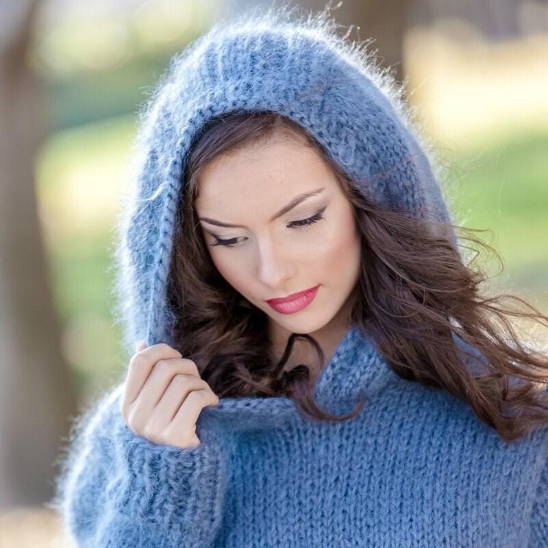 Gray Mohair Sweater Dress, Hand Knitted Chunky Hooded Turtleneck Maxi Dress T390