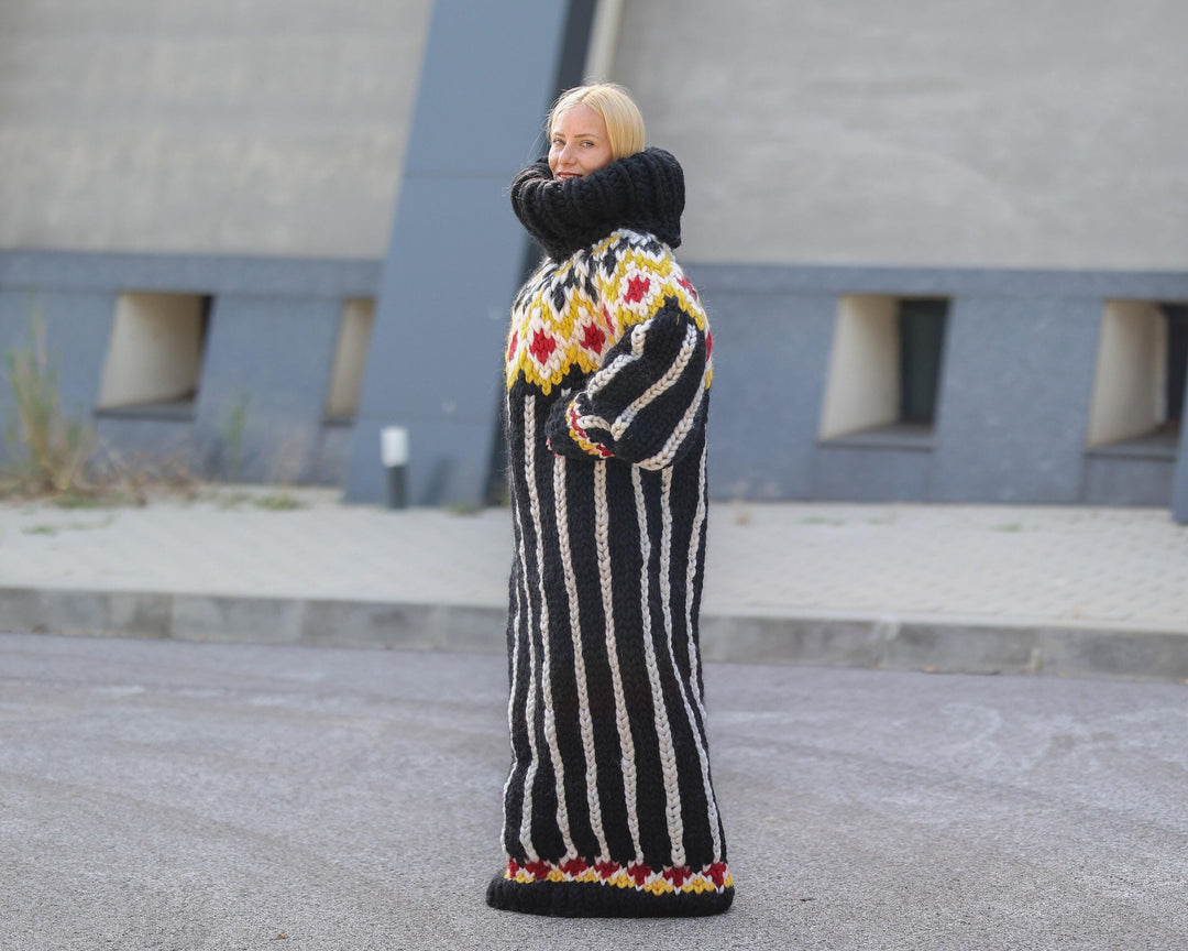 100% Merino Wool Sweater Dress, Extra Chunky Maxi Dress with 50 cm Turtleneck T1499