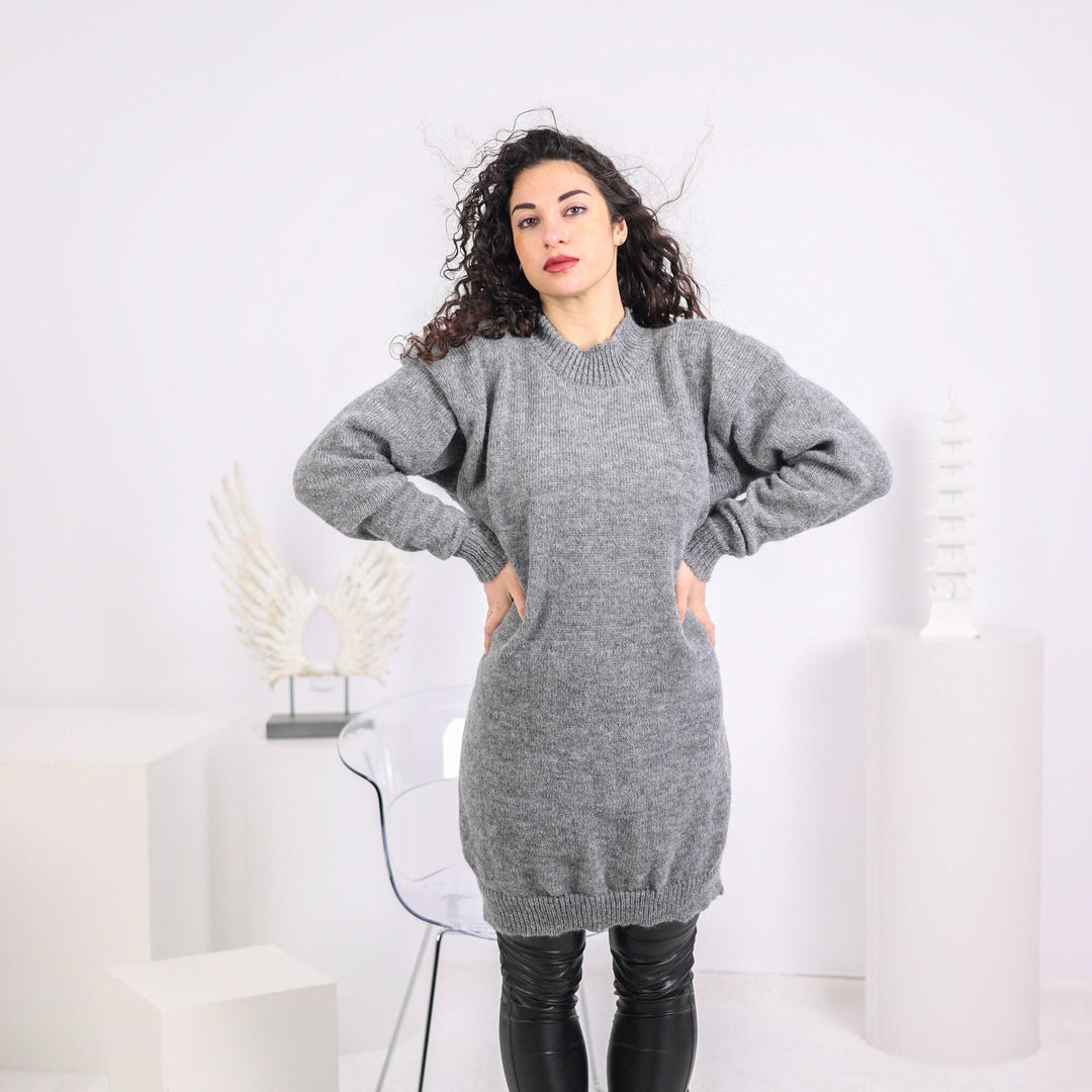 Gray Alpaca Sweater Dress, Hand Knitted Midi Dress T1637