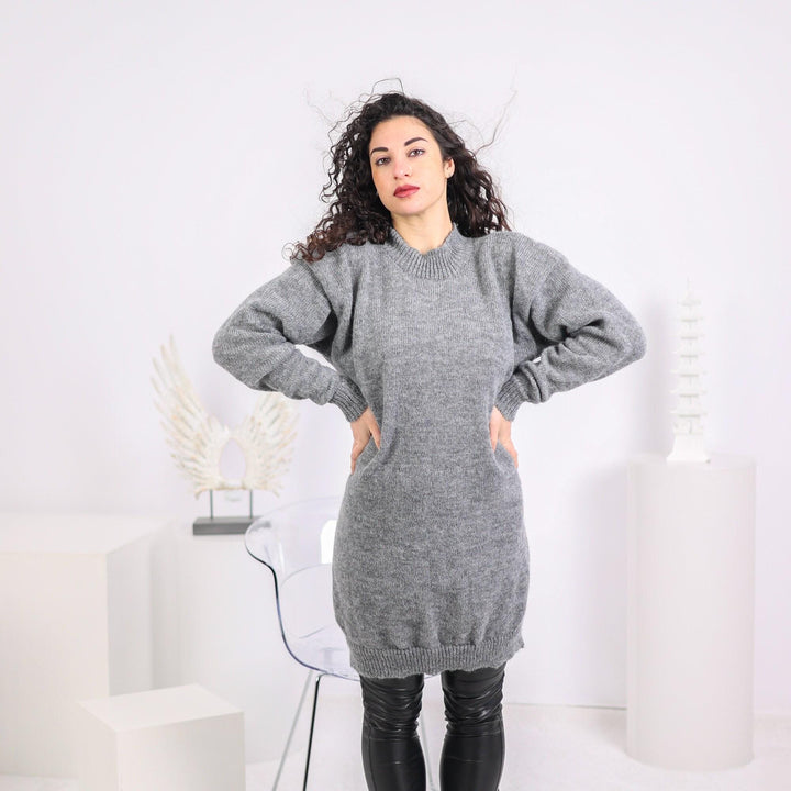 Gray Alpaca Sweater Dress, Hand Knitted Midi Dress T1637