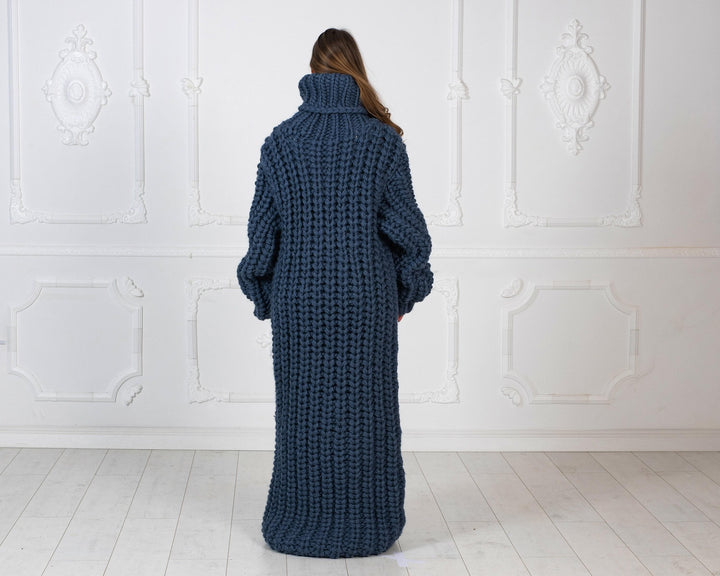 Extra Chunky Wool Sweater Dress, Hand Knitted English Rib Turtleneck Maxi Dress T1019