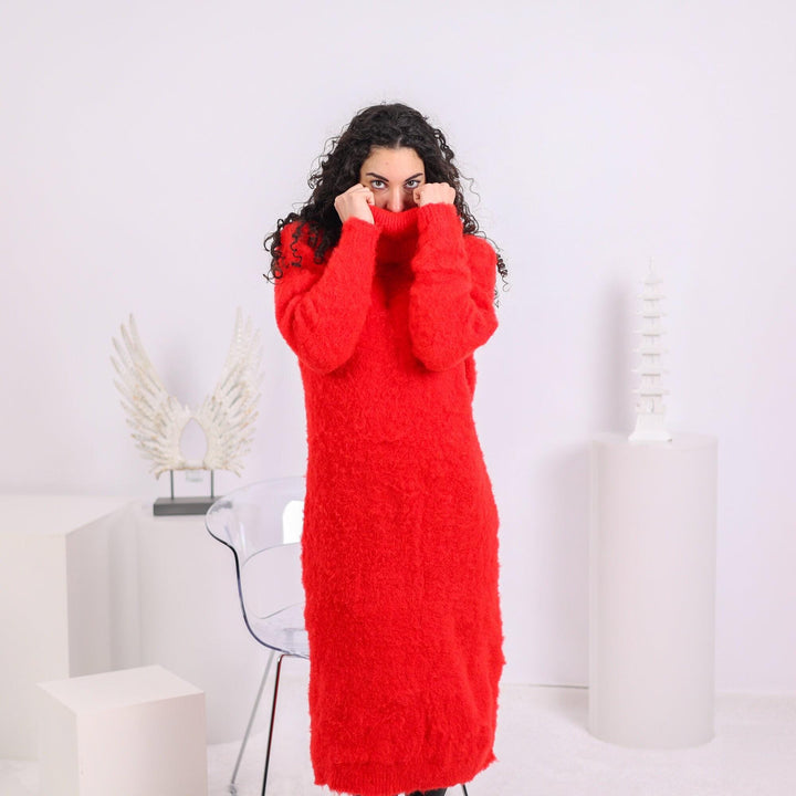 Hand Knit Red Alpaca Sweater Dress, Fluffy Wool Blend T1638