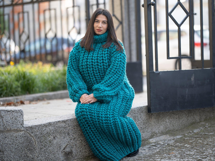 Extra Chunky Wool Sweater Dress, Hand Knitted English Rib Turtleneck Maxi Dress T1168