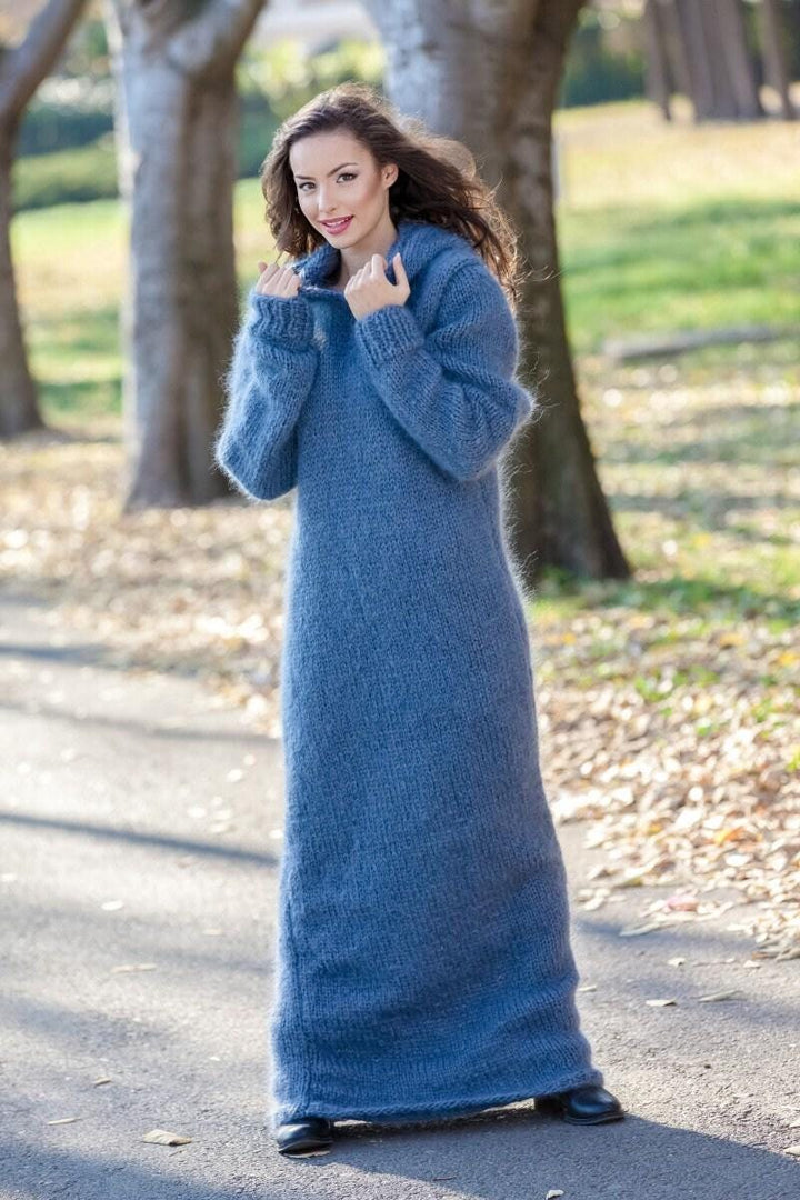 Gray Mohair Sweater Dress, Hand Knitted Chunky Hooded Turtleneck Maxi Dress T390