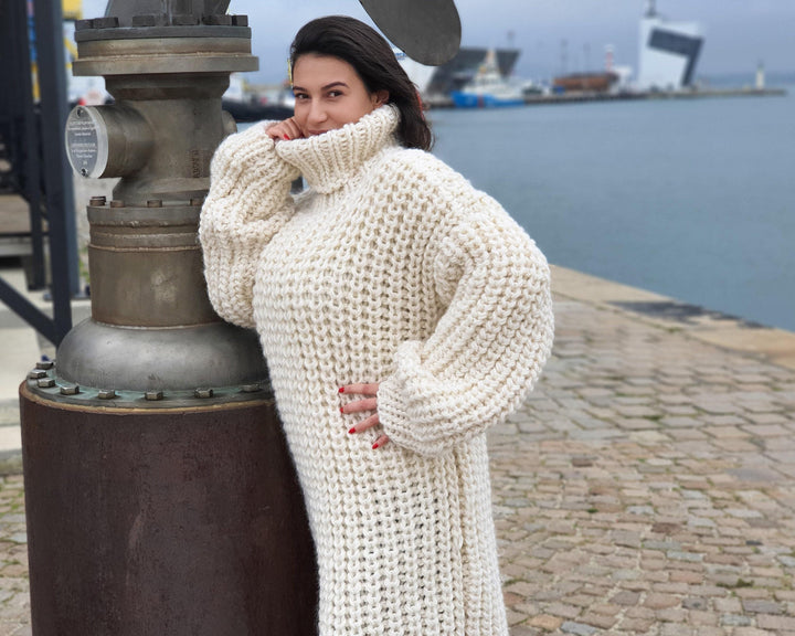 Extra Chunky Wool Sweater Dress, Hand Knitted English Rib Turtleneck Maxi Dress T934