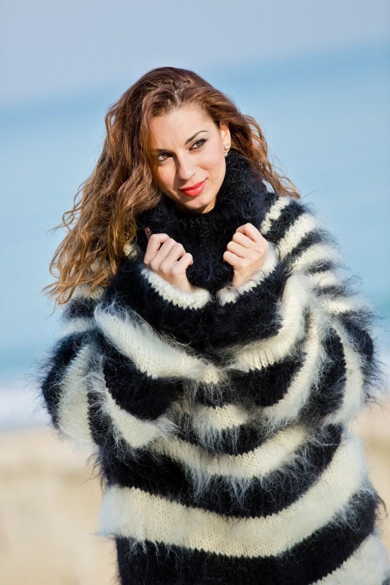 Striped Mohair Sweater Dress, Hand Knitted Fluffy Turtleneck Maxi Dress T185