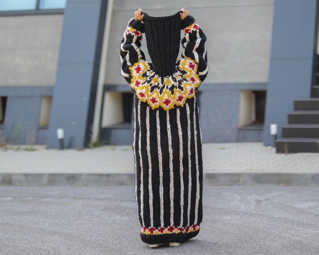 100% Merino Wool Sweater Dress, Extra Chunky Maxi Dress with 50 cm Turtleneck T1499