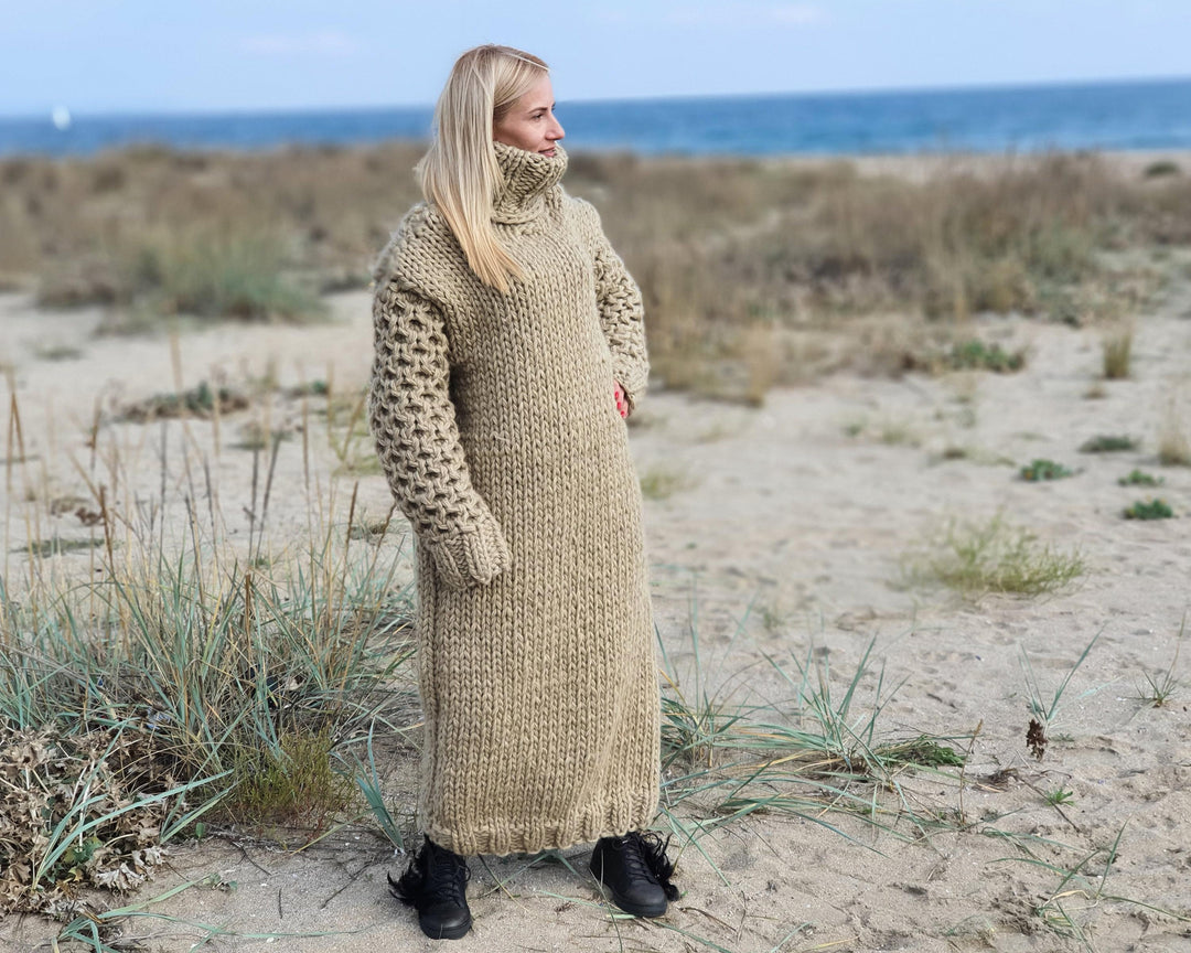 5 Strands Eco Wool Sweater Dress, Hand Knitted Chunky Turtleneck Maxi Dress T912