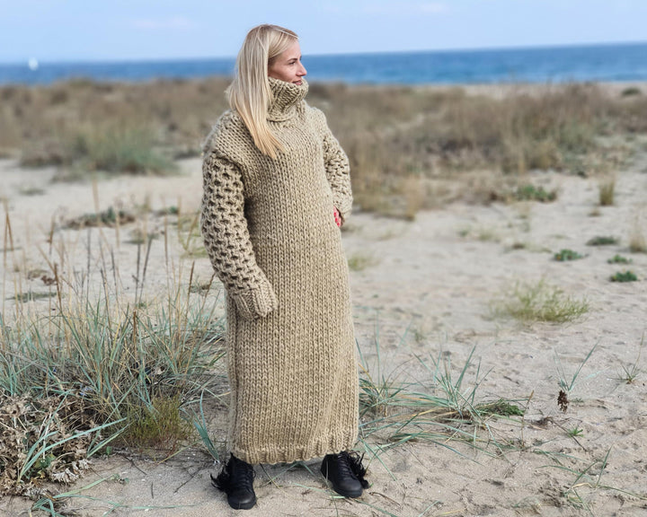 5 Strands Eco Wool Sweater Dress, Hand Knitted Chunky Turtleneck Maxi Dress T912