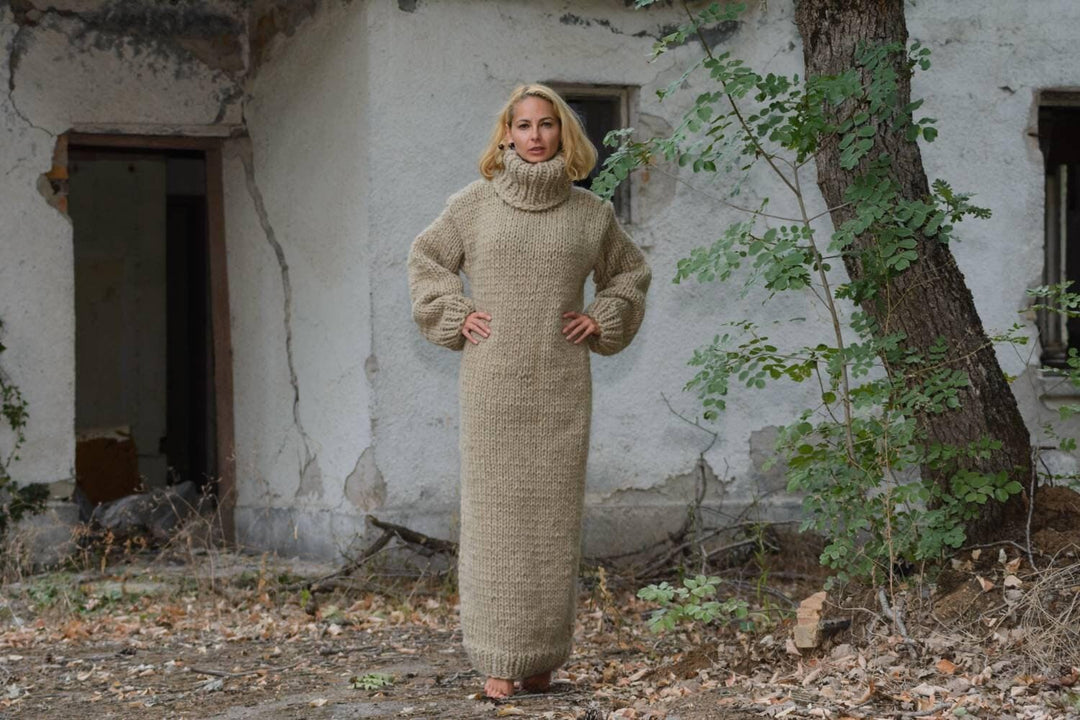Eco Wool Sweater Dress, Hand Knitted Beige Chunky Turtleneck Maxi Dress