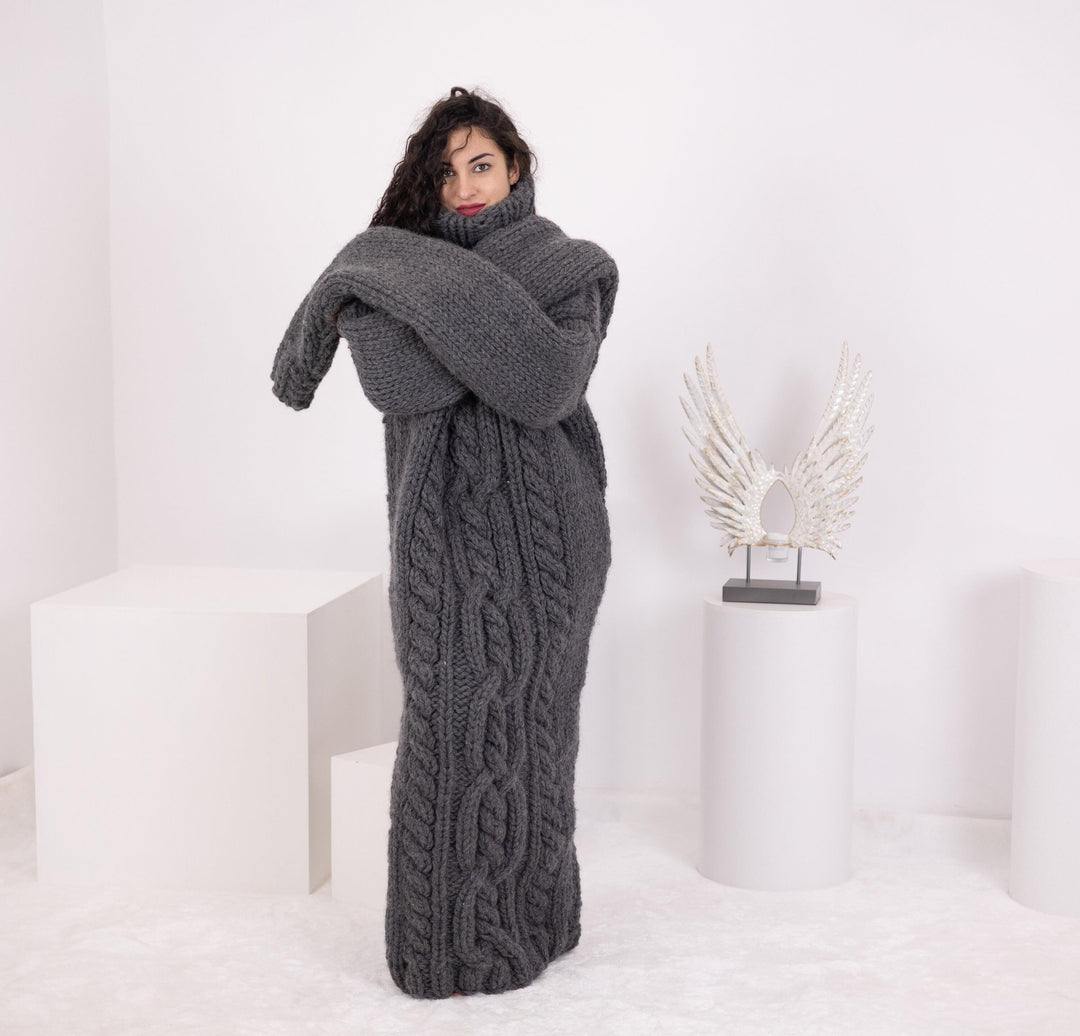 Chunky Gray Hand Knitted Maxi Dress with 100 cm Sleeves and Turtleneck T1550