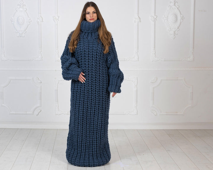 Extra Chunky Wool Sweater Dress, Hand Knitted English Rib Turtleneck Maxi Dress T1019