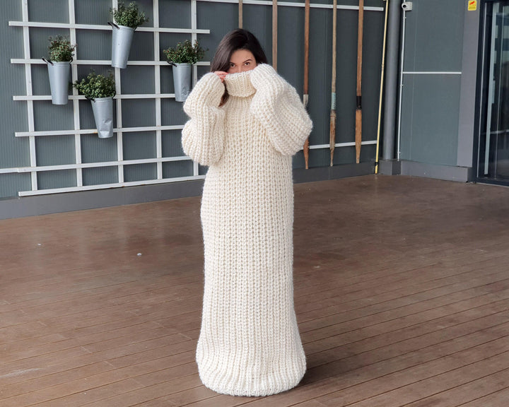 Extra Chunky Wool Sweater Dress, Hand Knitted English Rib Turtleneck Maxi Dress T934
