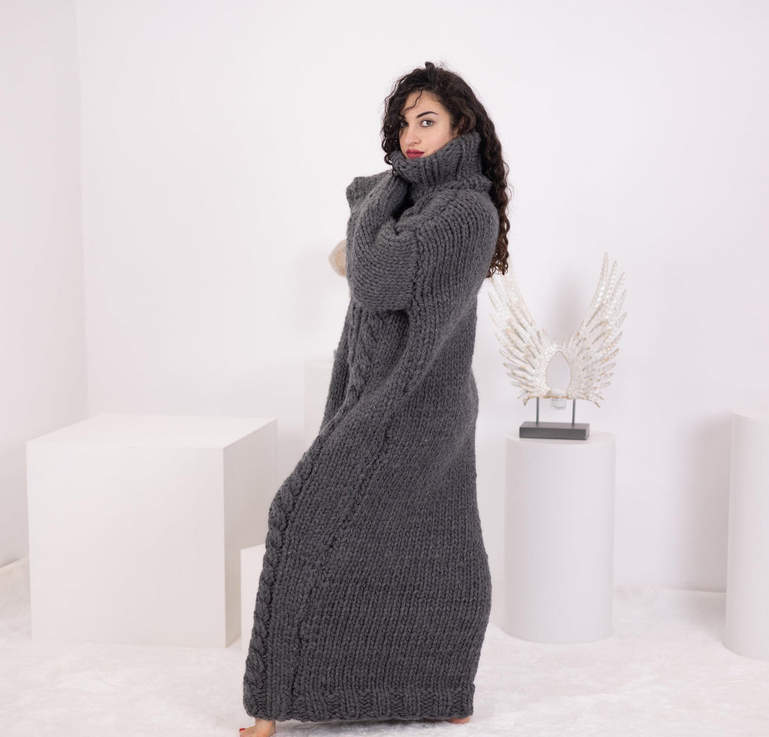Chunky Gray Hand Knitted Maxi Dress with 100 cm Sleeves and Turtleneck T1550