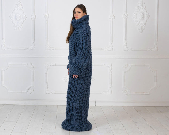 Extra Chunky Wool Sweater Dress, Hand Knitted English Rib Turtleneck Maxi Dress T1019