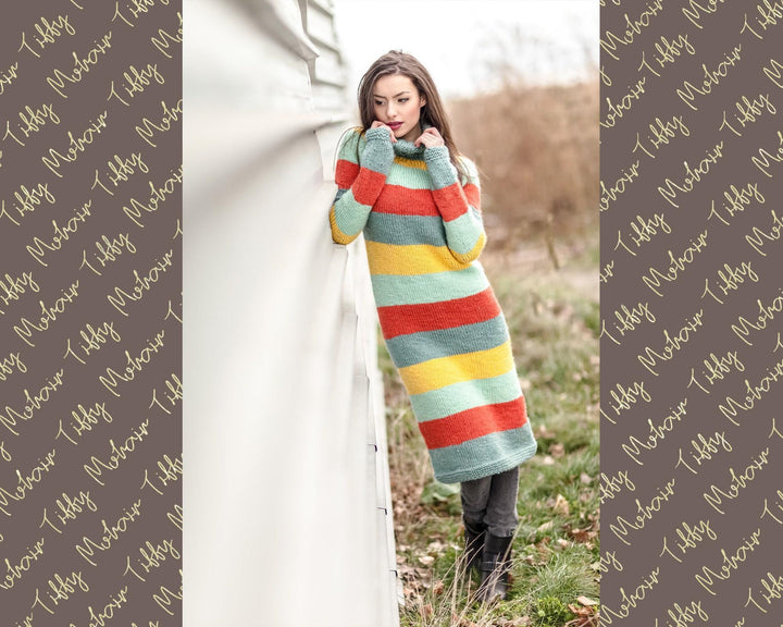 Hand Knitted Chunky Wool Sweater Dress, Striped Turtleneck T420