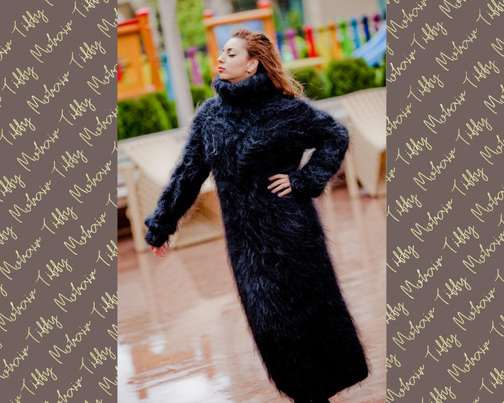Black Mohair Sweater Dress, Hand Knitted Chunky Turtleneck Maxi Dress T63