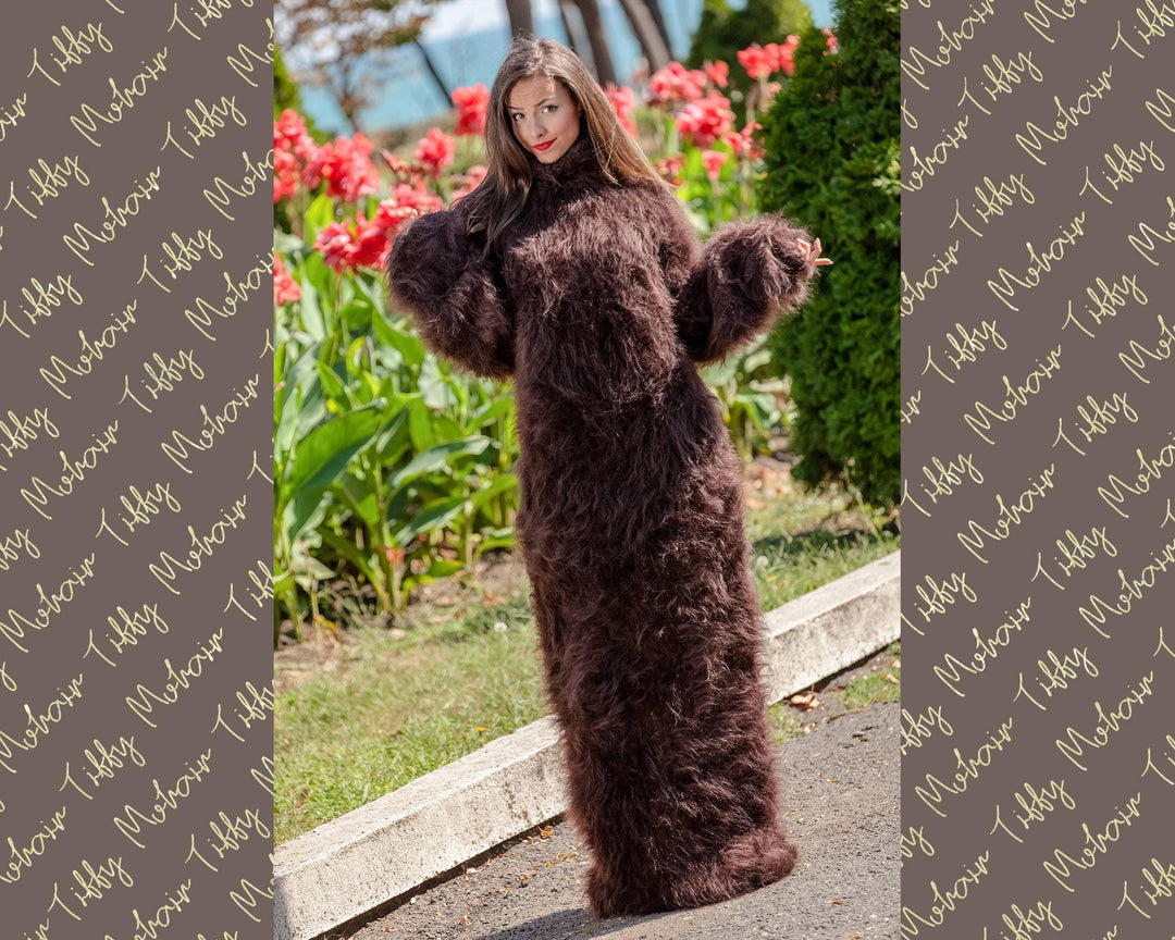 Brown Mohair Sweater Dress, Hand Knitted Chunky Fluffy Turtleneck Maxi Dress T371
