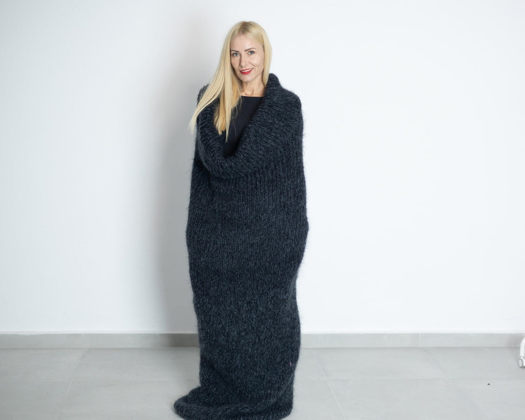 Long Mohair Poncho Dress, Hand Knitted  Extra Long Turtleneck Scarf T1511
