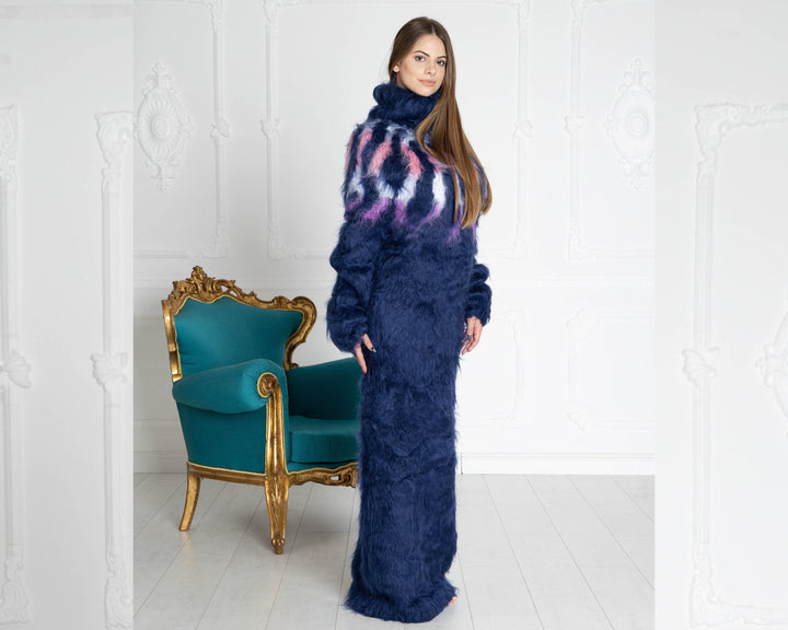 Blue Icelandic Mohair Dress, Hand Knitted Chunky Lopi Turtleneck Sweater Dress T652