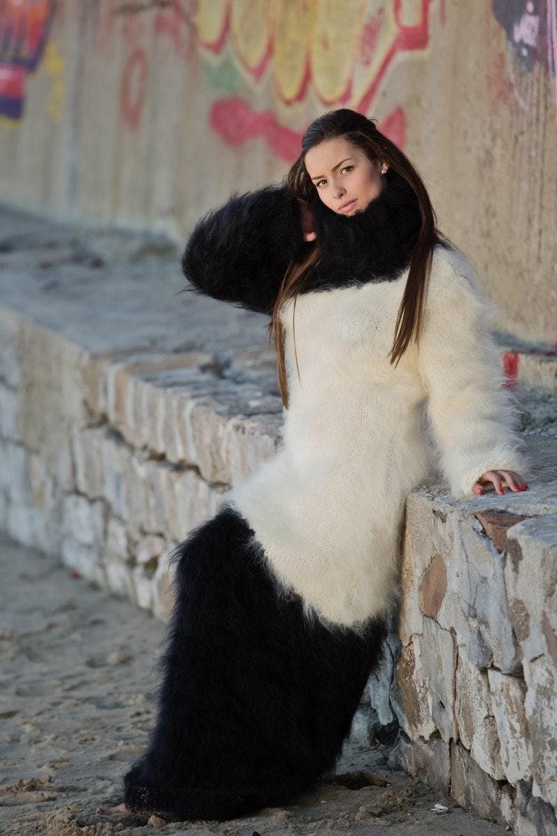 Cozy Mohair Sweater Dress, Hand Knitted Chunky Turtleneck Maxi Dress T145