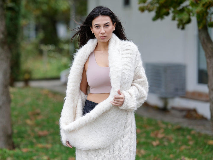 Hairy Suri Alpaca Sweater Dress, Hand Knitted Long Fuzzy Llama Wool Jumper T1140