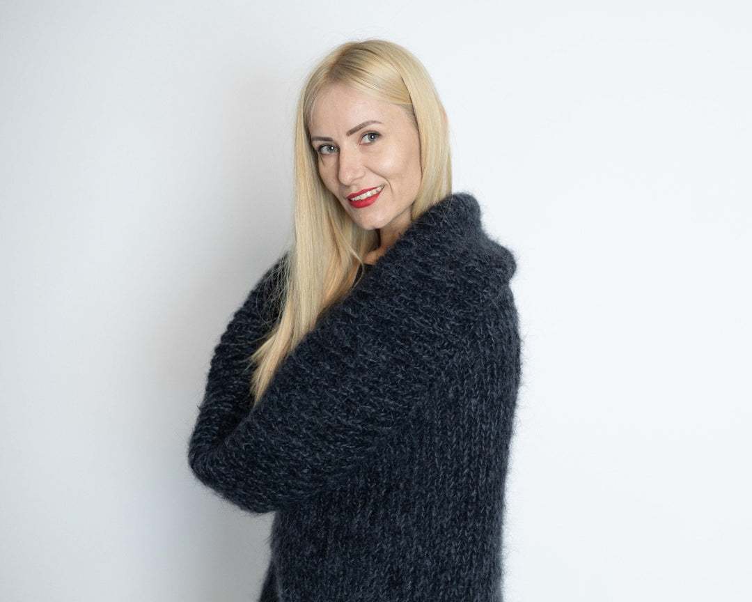 Long Mohair Poncho Dress, Hand Knitted  Extra Long Turtleneck Scarf T1511