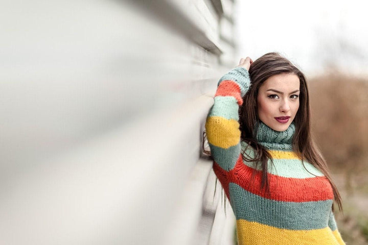Hand Knitted Chunky Wool Sweater Dress, Striped Turtleneck T420