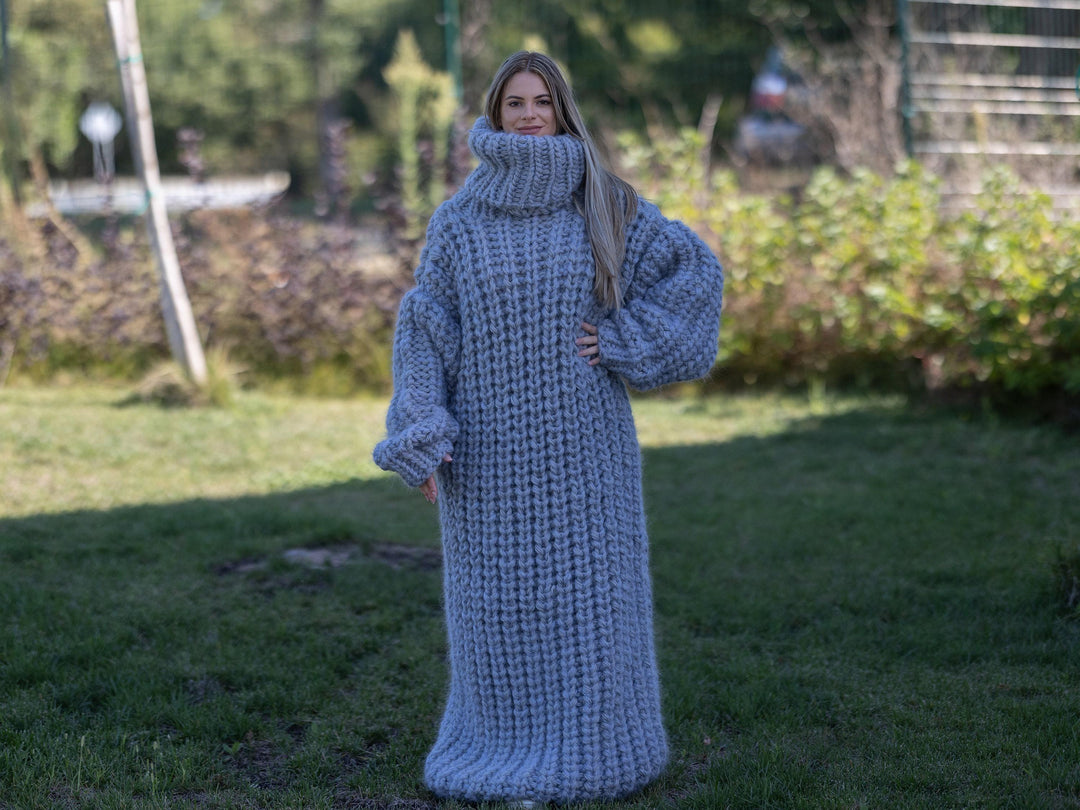 8 Strands Mohair Wool Dress, Hand Knitted Chunky Gray Sweater Dress T1265