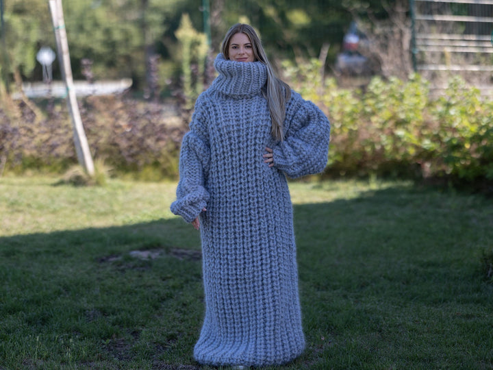 8 Strands Mohair Wool Dress, Hand Knitted Chunky Gray Sweater Dress T1265